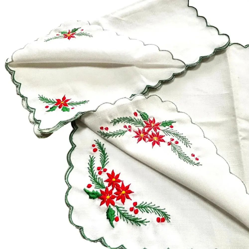 Vintage Christmas Set 4 placemat & napkins red embroidery poinsettias & greenery